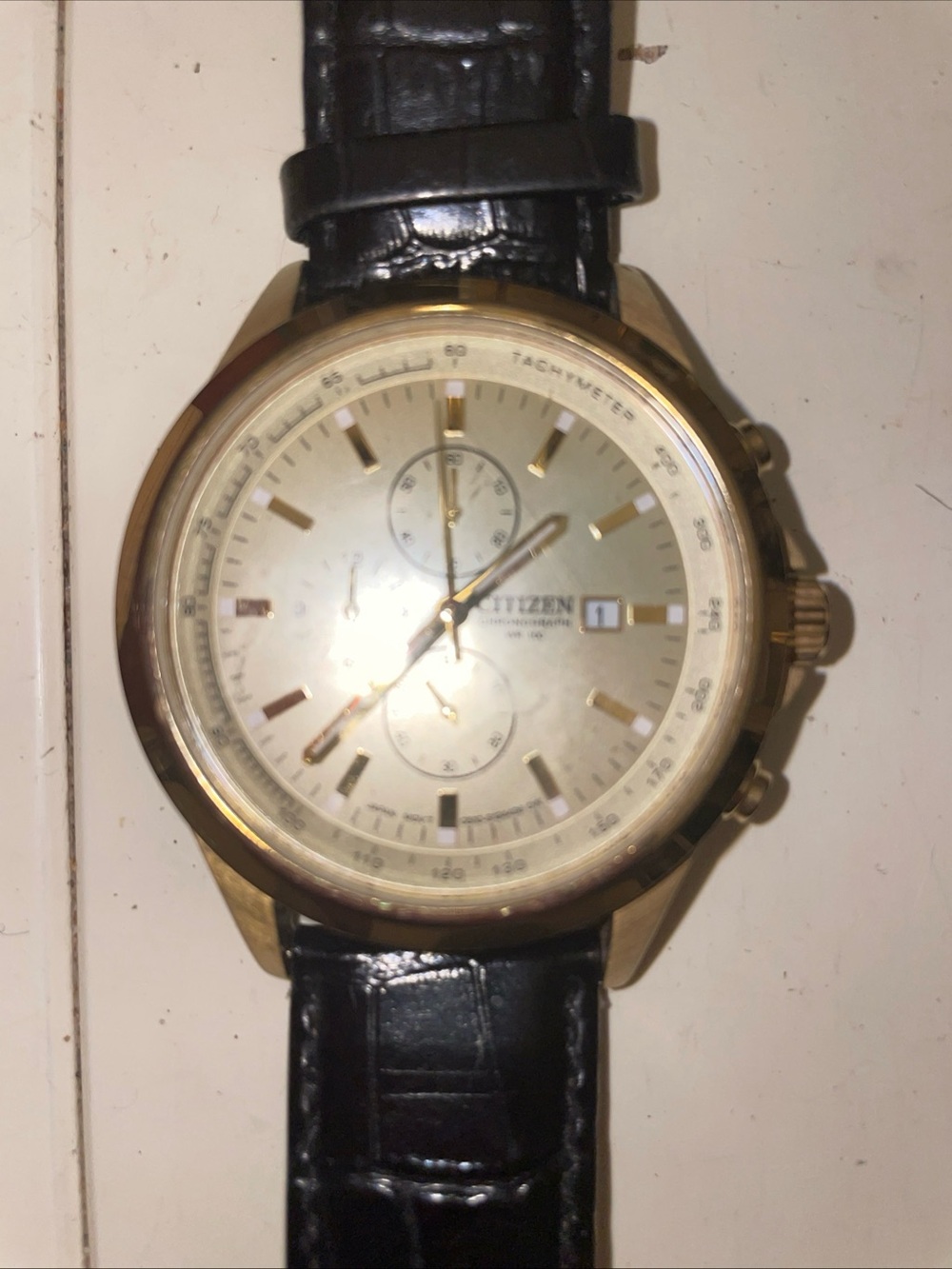Citizen Gold-Tone Chronograph Watch with Black Strap and Cream Dial